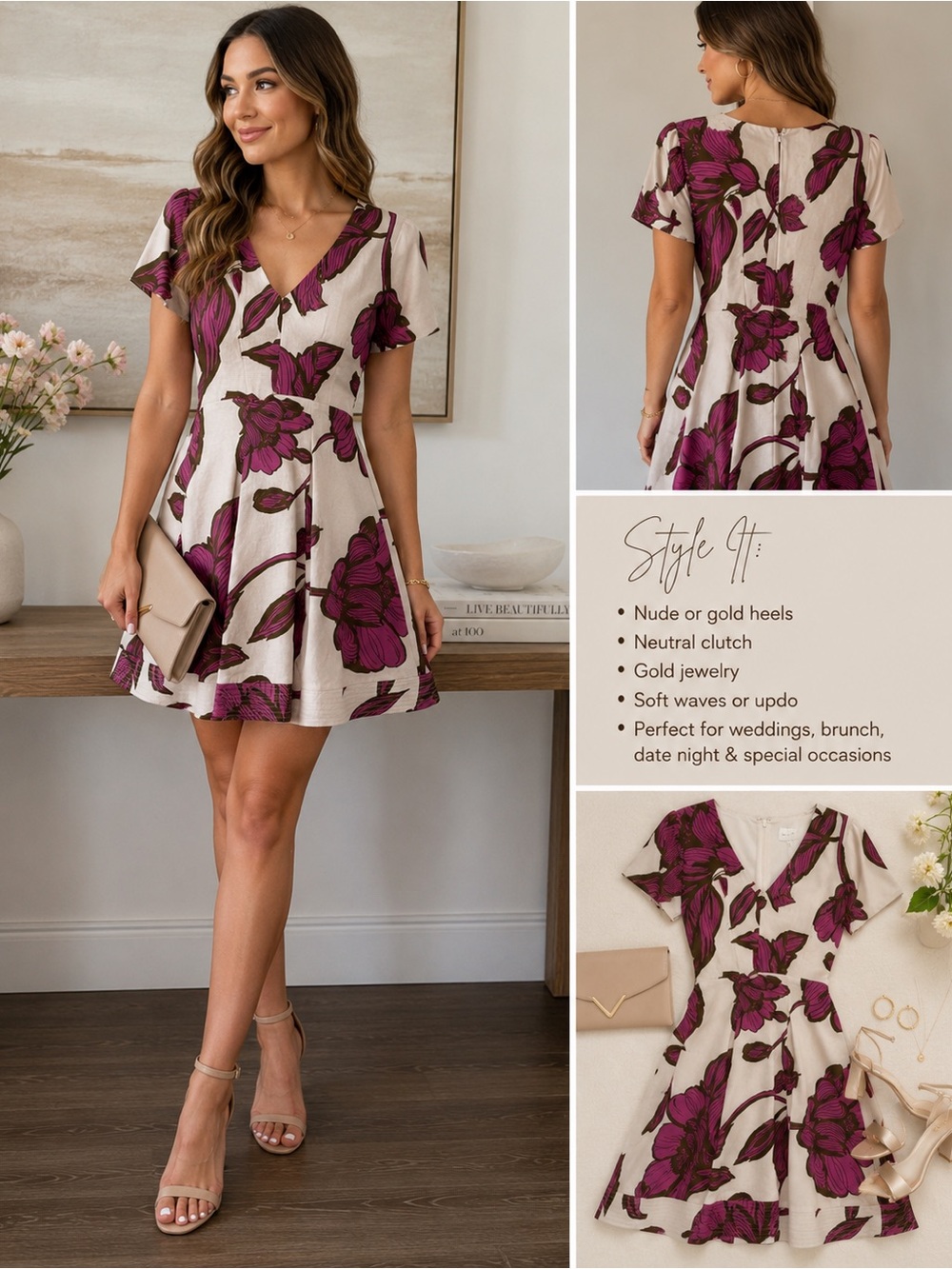 NWT Adelyn Rae Linen Blend Floral Fit & Flare Dress Size S Cream Pink